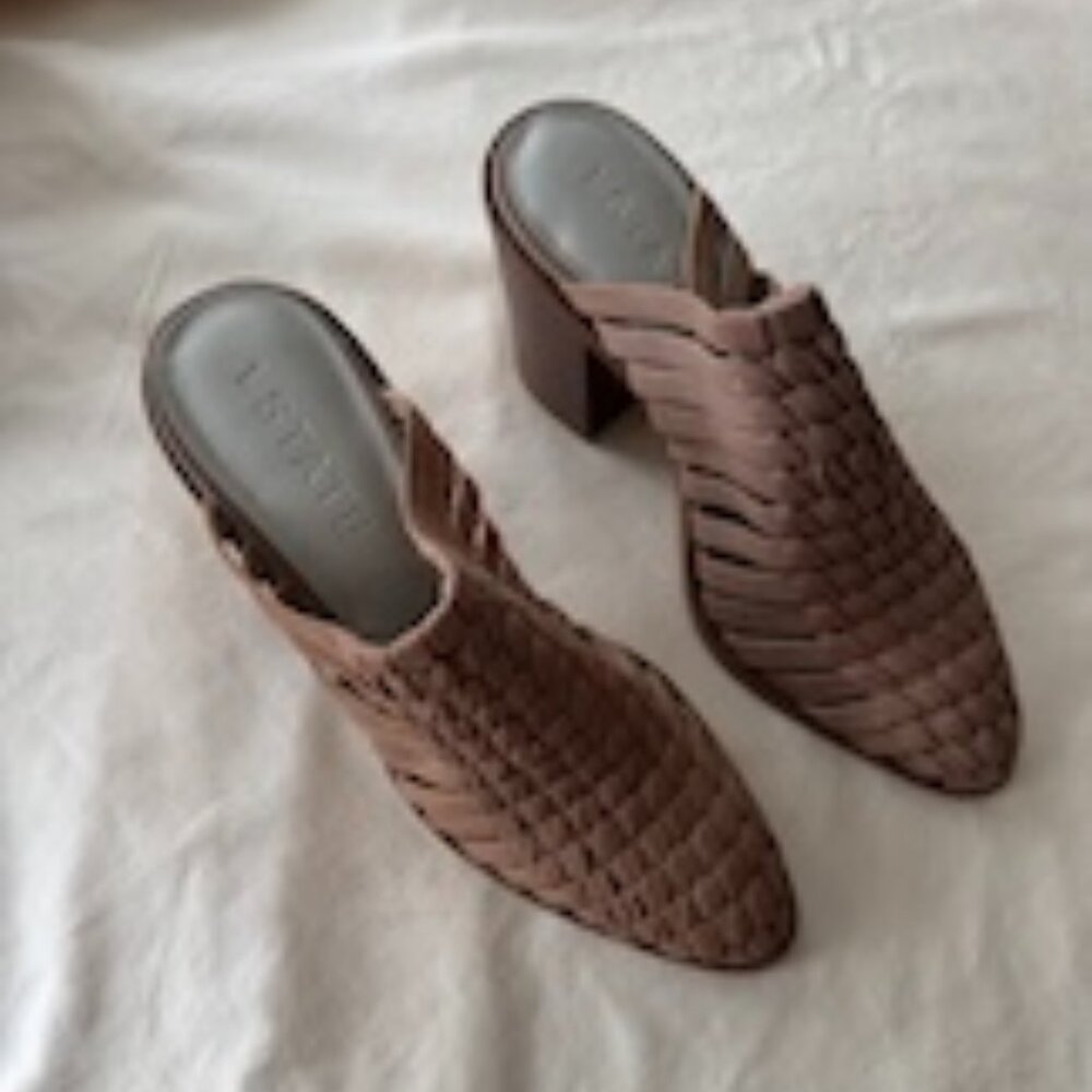 STATE Woven Mule Heels Tan Leather Block Heel – Size [X]